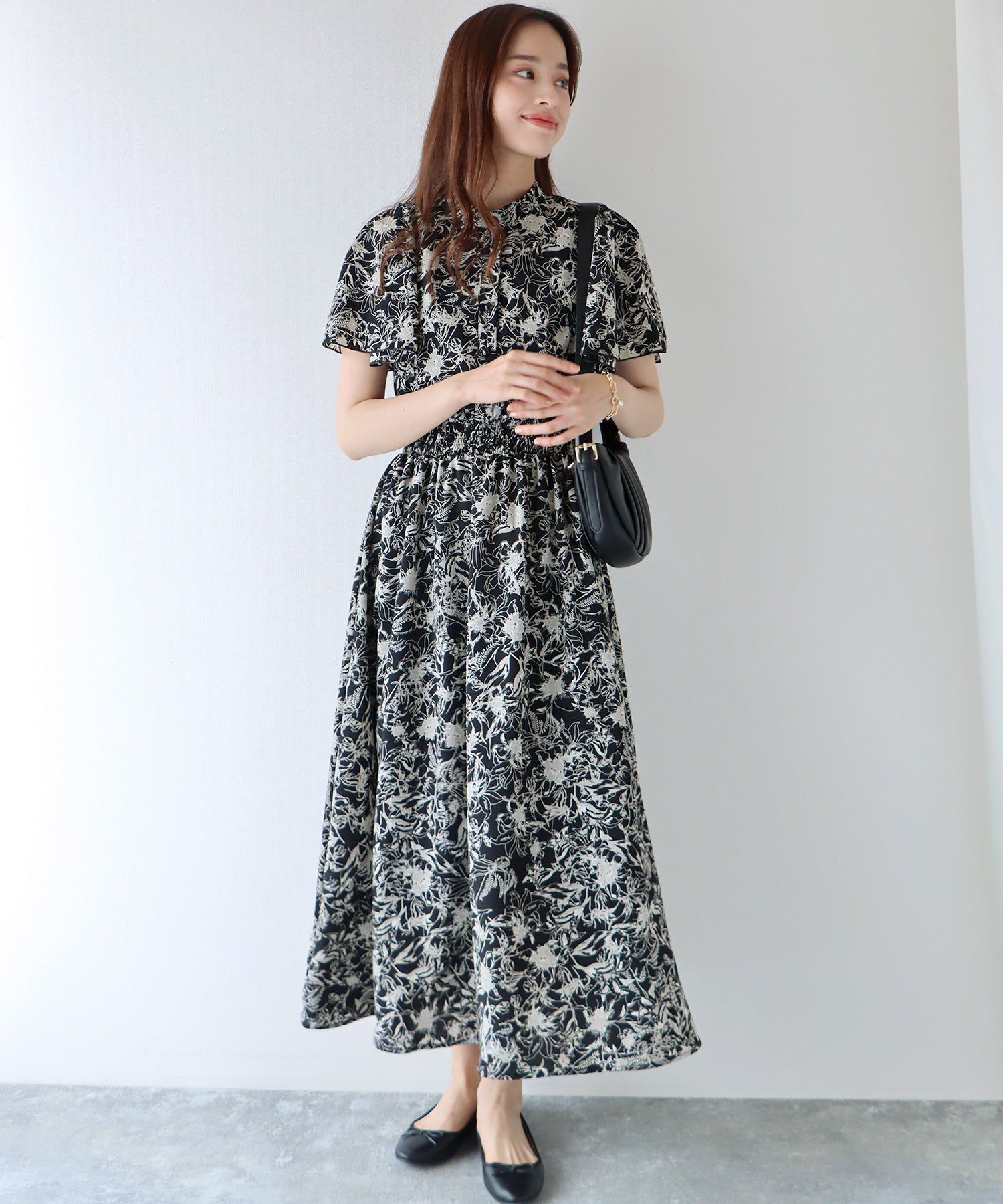 日本 BLUE EAST - 浪漫時光碎花雪紡短袖洋裝-寧靜花園-淺粉紫