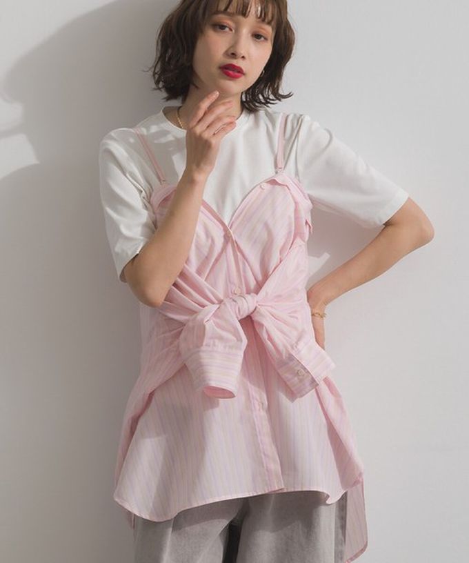 日本 ELENCARE DUE - 2way穿法俐落條紋寬版襯衫-白