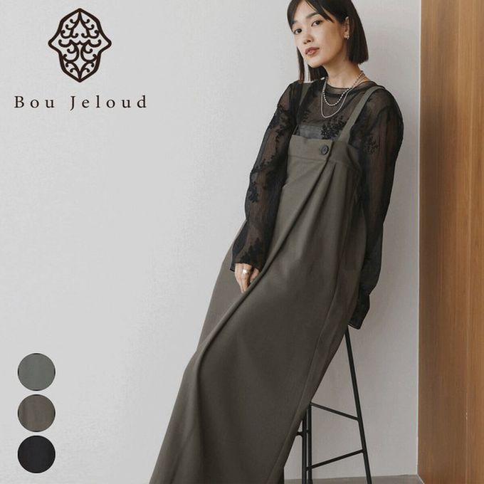 日本 Bab - 斜紋布優雅摺線工裝風吊帶裙-黑