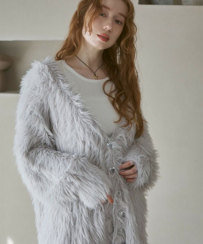 日本 Bab - 奢華毛海愛心扣前後2way開襟衫-長版-果綠