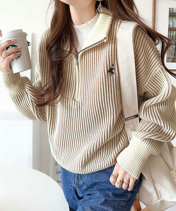 日本 Classical Elf - 半拉鍊線條感 logo刺繡配色針織衫-深藍x米