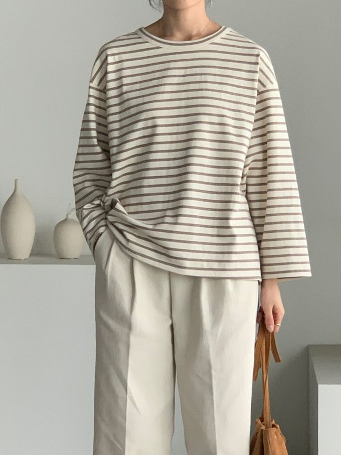 韓國女裝連線 - 不對稱後開衩條紋長袖上衣-可可咖 (FREE)