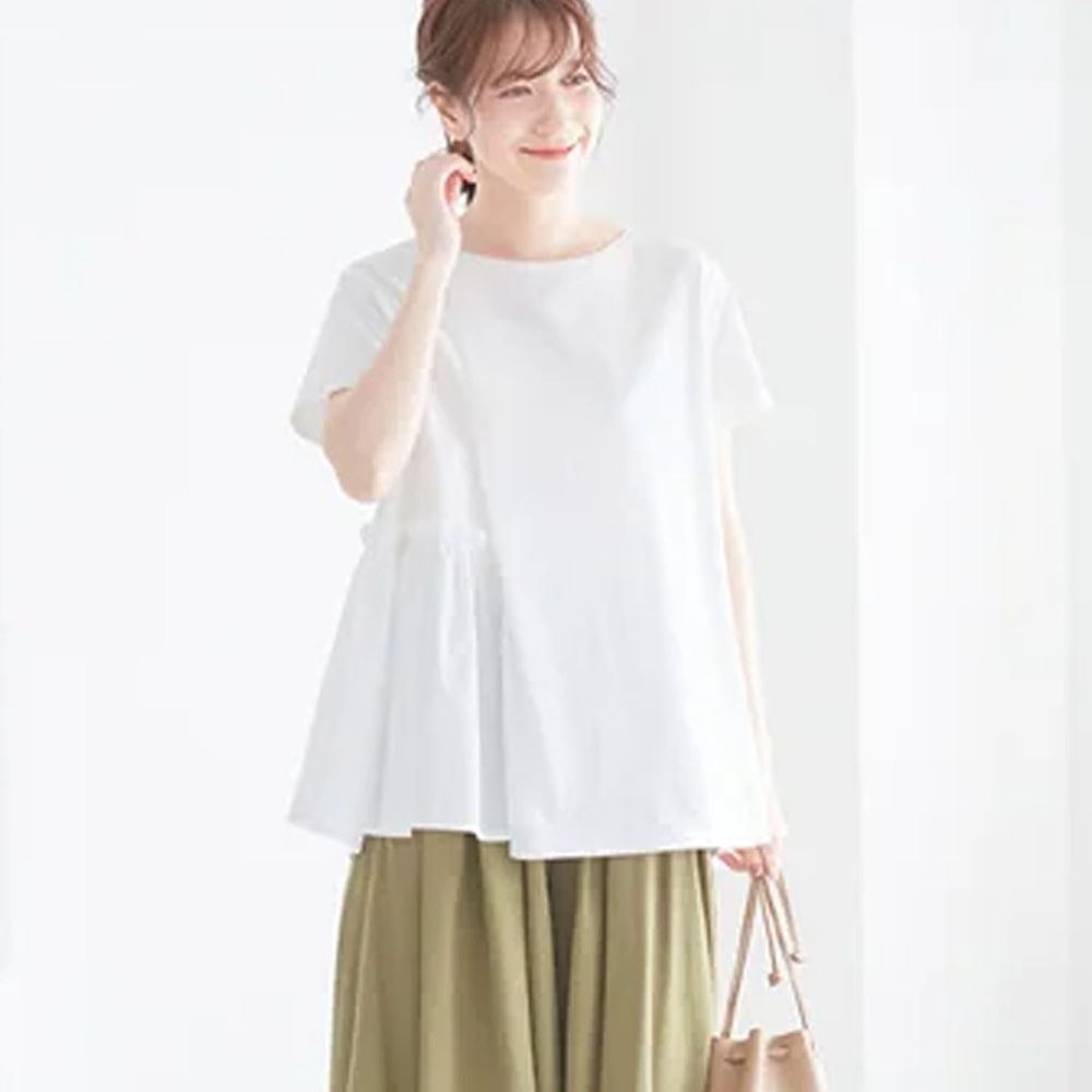 日本 BELLUNA - 異材質拼接寬鬆短袖上衣-白