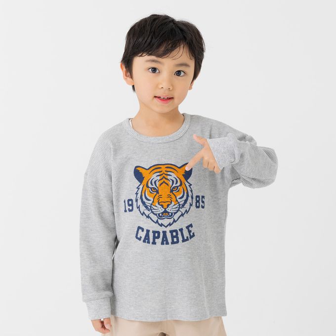 日本 Chil2 - 華夫格舒適薄長袖上衣-威嚴老虎-奶白