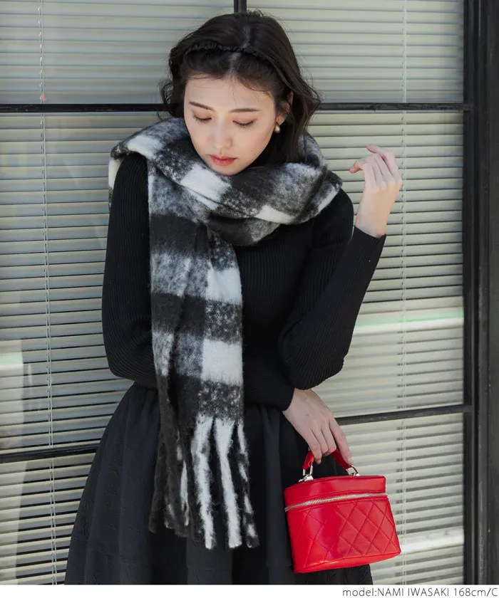 日本 COCA - 毛海大流蘇格紋圍巾/披肩-杏黃