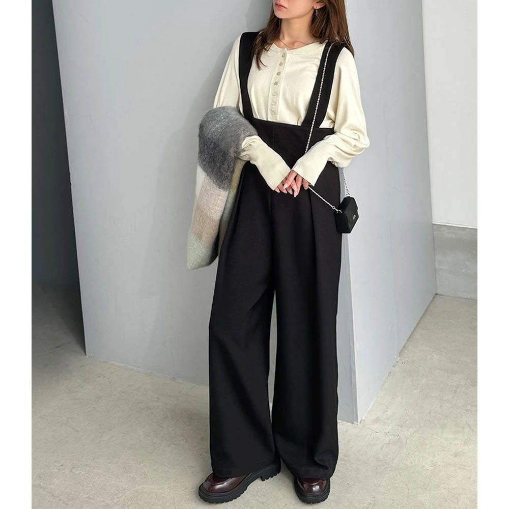 優雅俐落工裝風高腰連身褲-黑