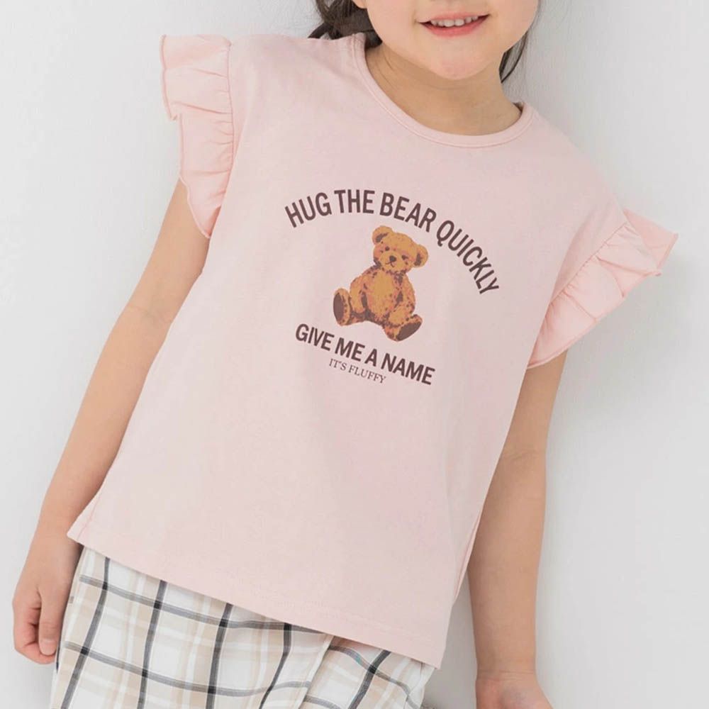 100%棉 荷葉邊女孩印花短袖上衣-熊熊-粉紅