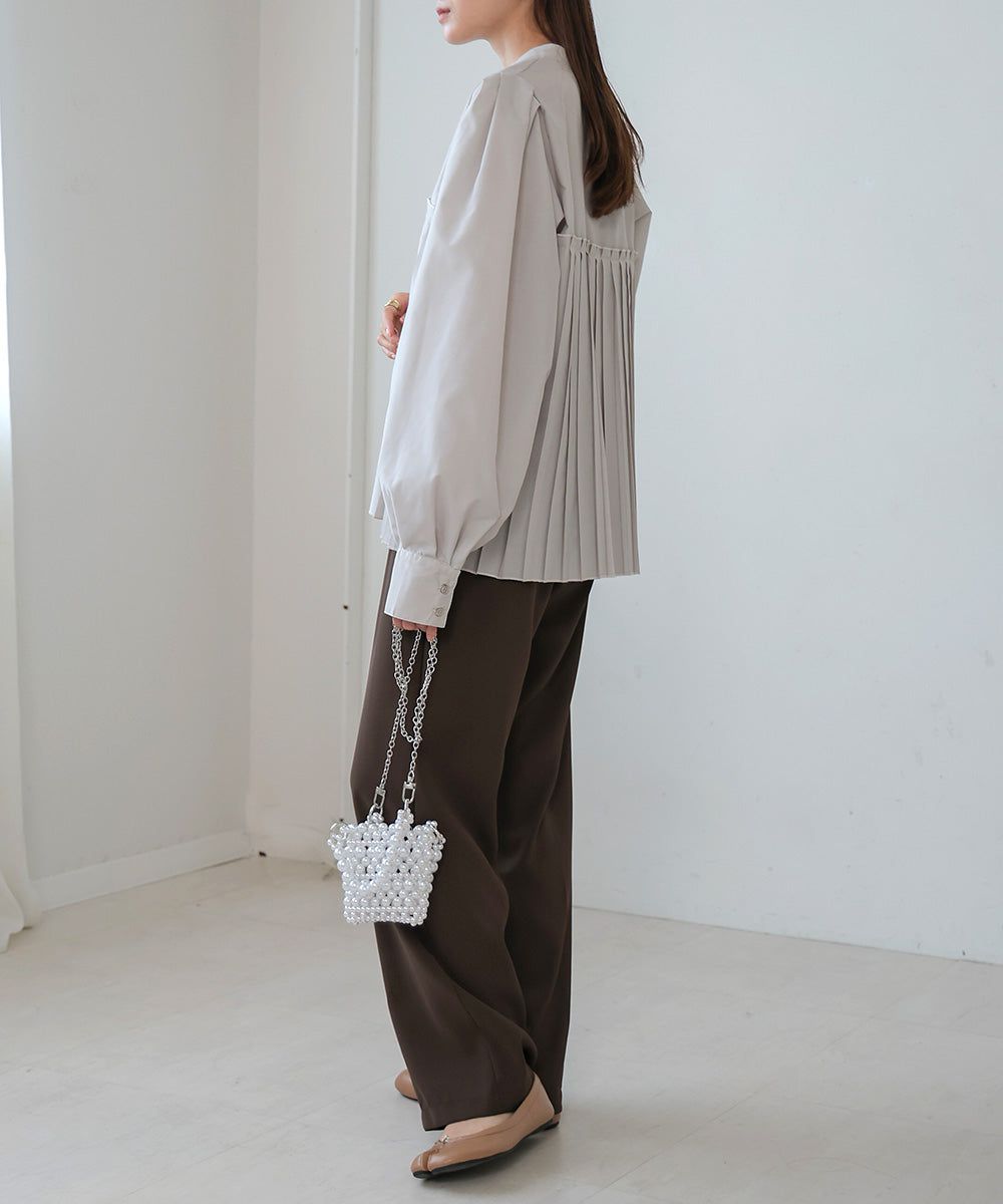 日本 Bab - 歐風百褶拼接泡泡袖襯衫-灰棕