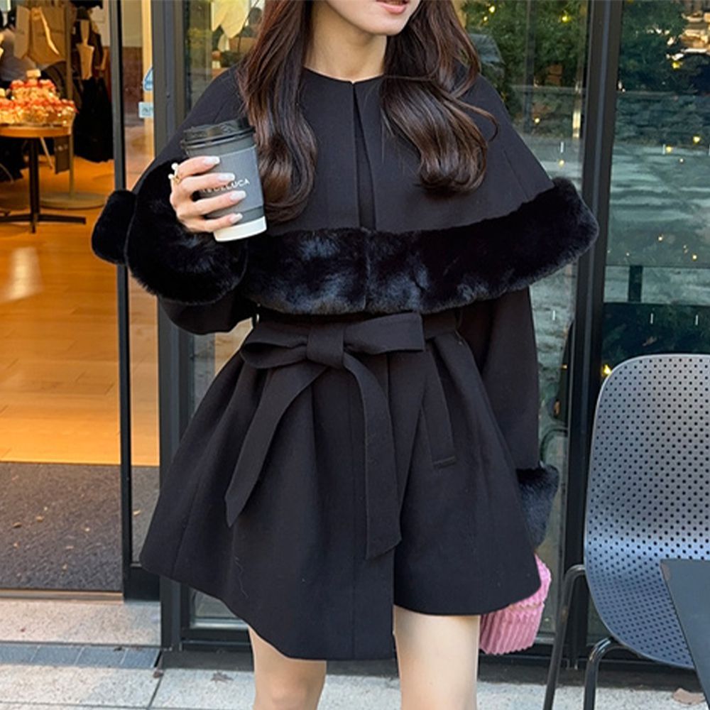 氣質小奢華短版大衣外套(附毛絨斗篷)-黑 (F)