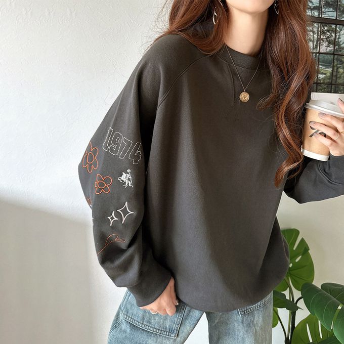 日本 Classical Elf - 俏皮塗鴉裏起毛長袖上衣-淺灰