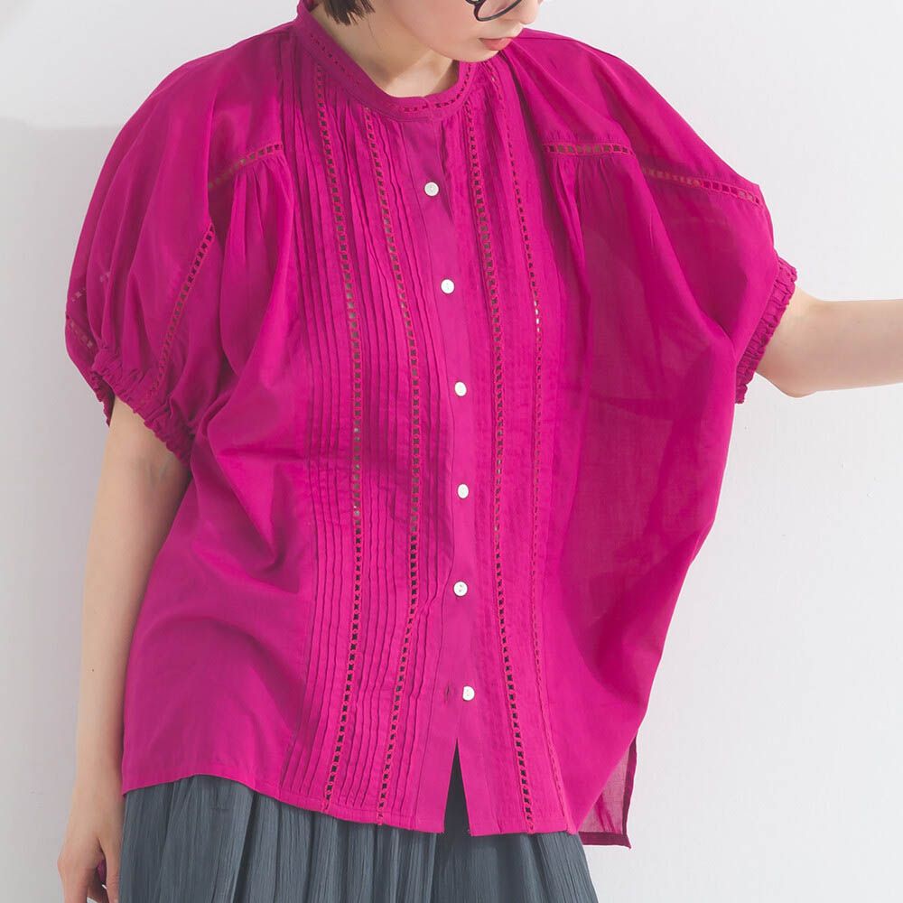 100%棉 細緻緹花小澎袖襯衫上衣-莓果粉