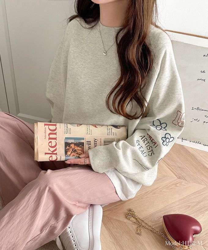 日本 Classical Elf - 俏皮塗鴉裏起毛長袖上衣-米灰