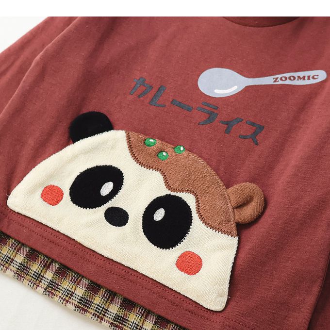 日本 ZOOLAND - 俏皮印花格紋拼接長袖上衣-療癒咖哩飯-酒紅