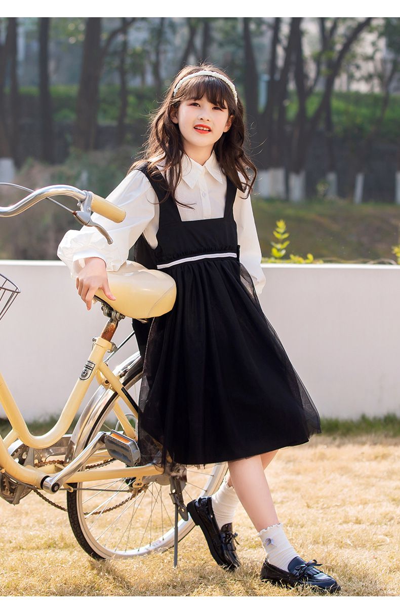 泡泡袖襯衫吊帶裙套裝-黑+白