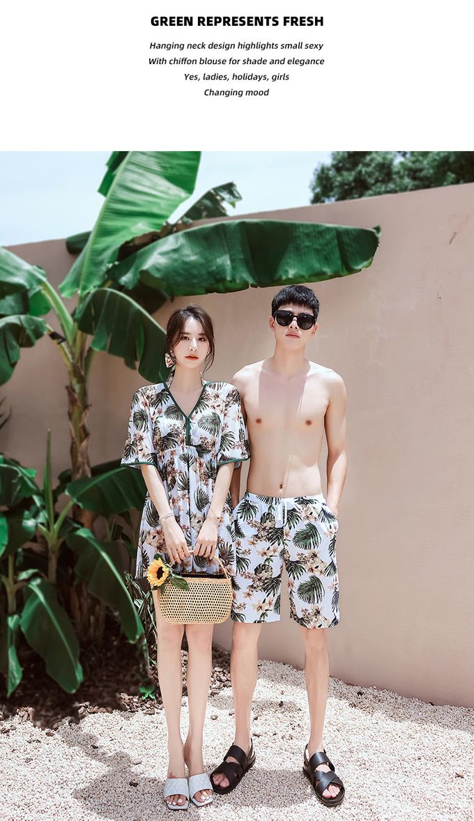 男士泳褲-復古葉片-棕+綠+白