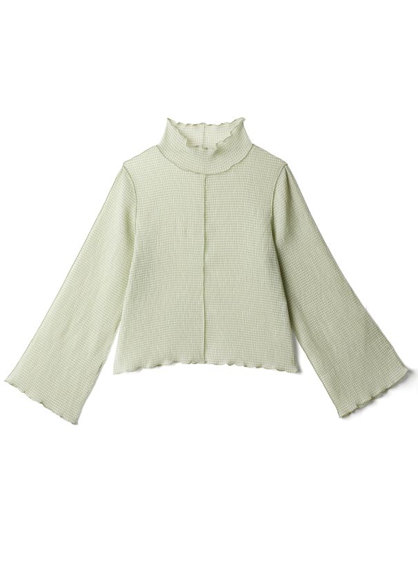 日本 GRL - 木耳領透膚長袖上衣(附內裡)-細格紋-時尚黑