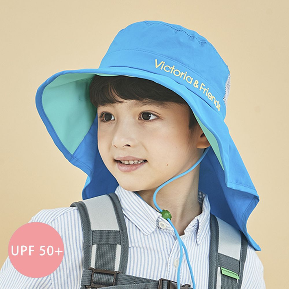 韓國 Victoria & Friends - UPF 50+ 防潑水透氣軟鋼絲遮脖遮陽帽(附口哨)-湖水藍