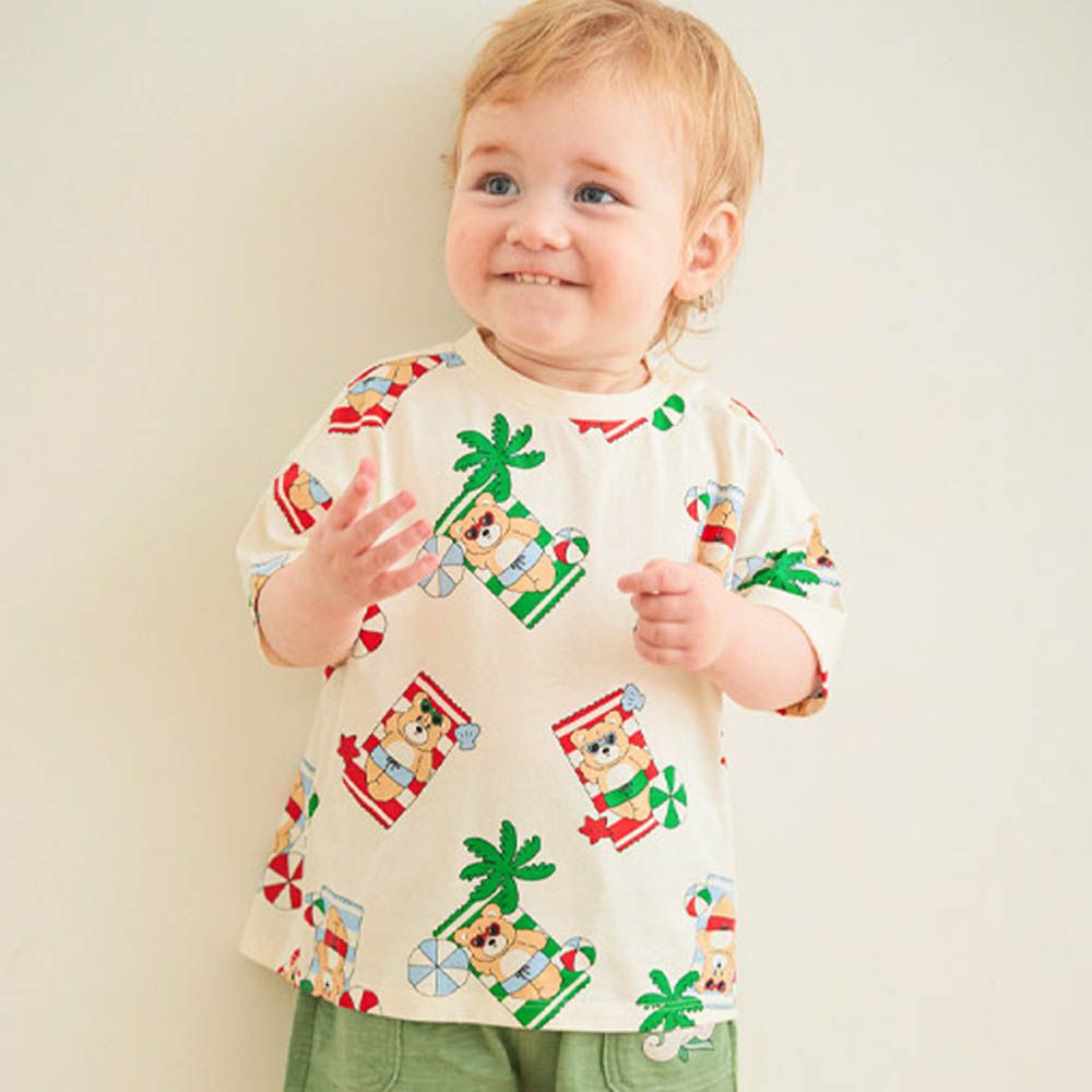 度假熊熊純棉短袖上衣-奶油米