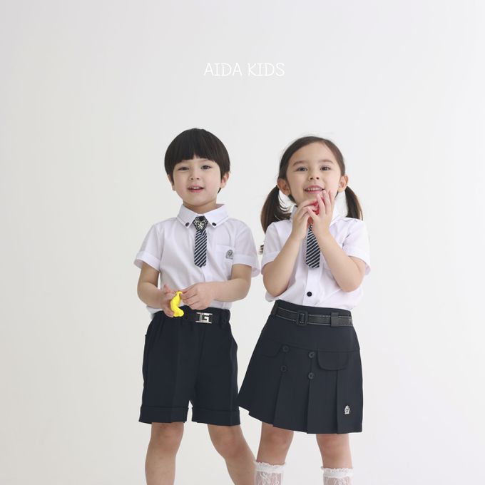 韓國 AIDA - 學院風領帶裝飾短袖襯衫-白