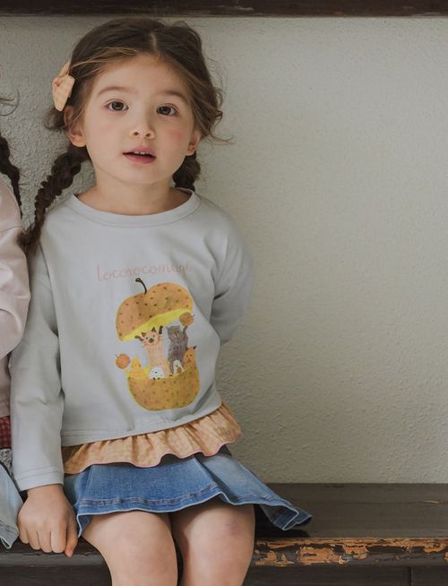 蘋果喵喵格紋點綴長袖上衣-淺灰藍X粉黃