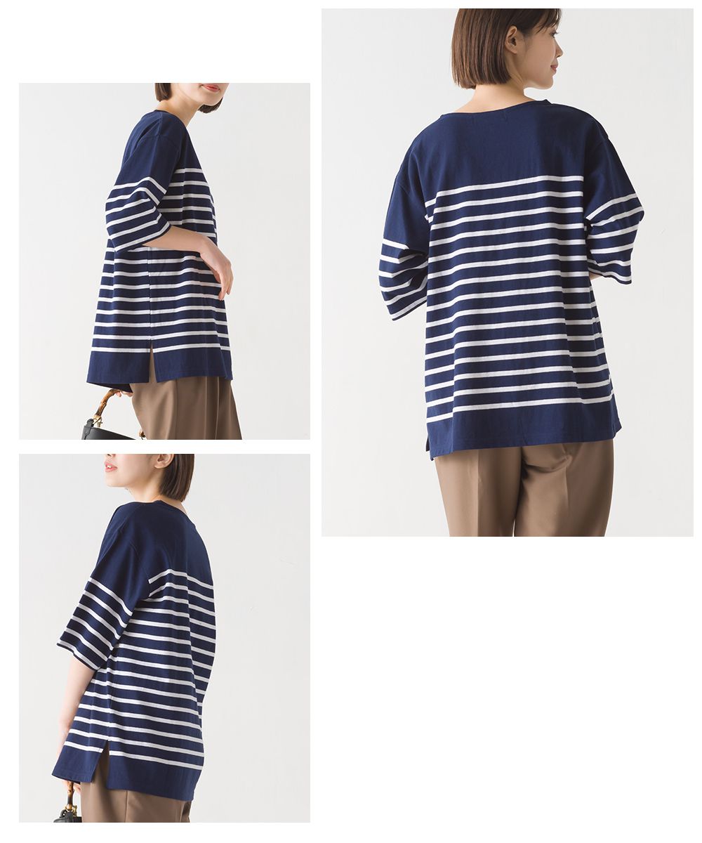 日本 OMNES - 100%棉 圓領條紋五分袖上衣-白x黑