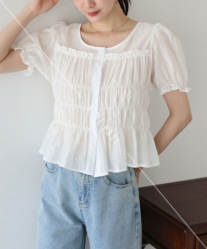 日本 BLUE EAST - 顯瘦皺摺荷葉泡泡短袖上衣-白