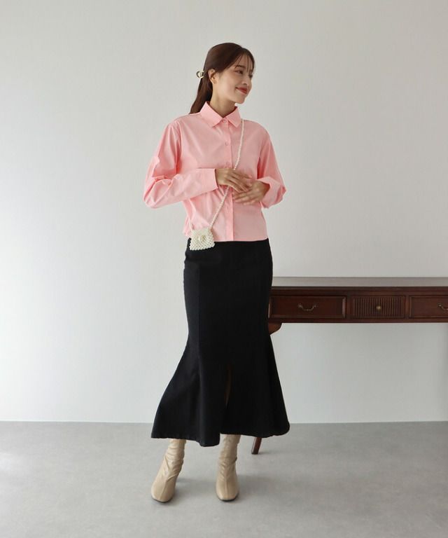 日本 BLUE EAST - 俐落短版翻領長袖襯衫-黑