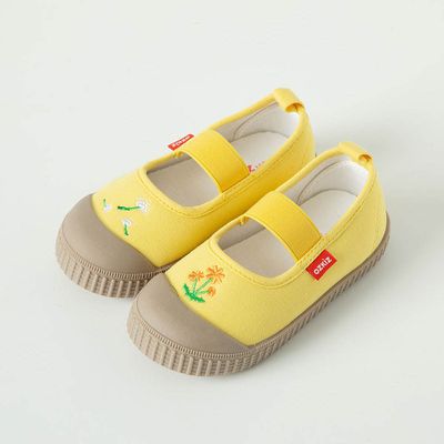 韓國 OZKIZ - 森林系刺繡幼稚園室內鞋/休閒鞋-小花-黃