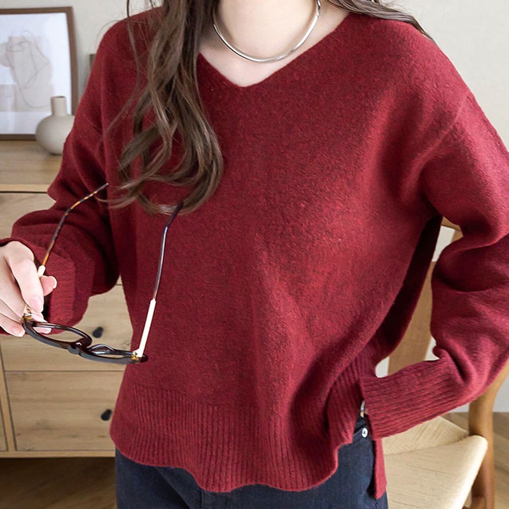 [可機洗]都會時尚柔軟寬鬆毛衣(選領)-酒紅