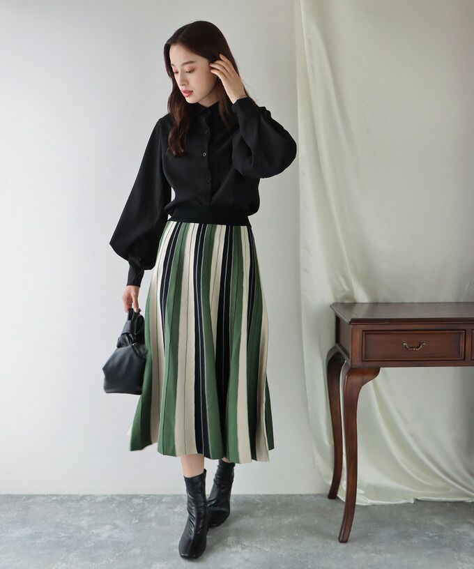 日本 BLUE EAST - [店員推薦] 撞色修身針織長裙-深藍x粉紫