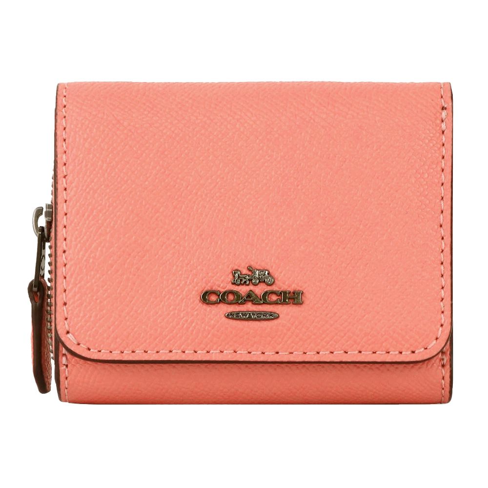 COACH - 馬車LOGO素面皮革零錢短夾 (粉桔)