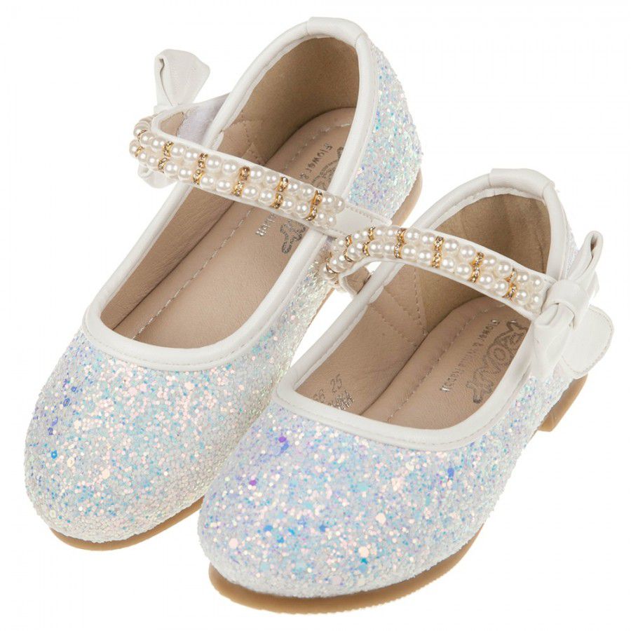 珍珠鍊帶冰藍亮片白色兒童公主鞋