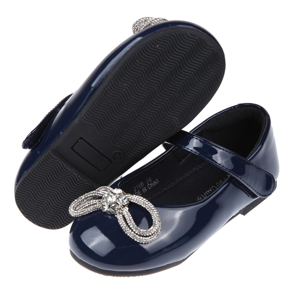 閃亮鑽石水晶蝴蝶結深藍色兒童公主鞋