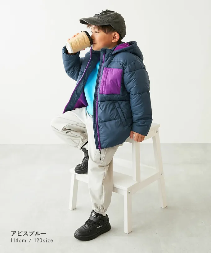 日本 devirock - 輕暖防風配色科技羽絨外套(帽可拆)-藍紫系