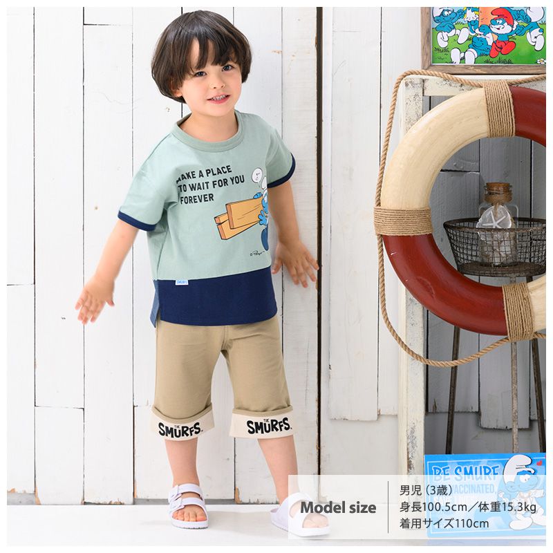 日本 ZOOLAND - 藍色小精靈聯名純棉短褲-褲管上翻-深藍