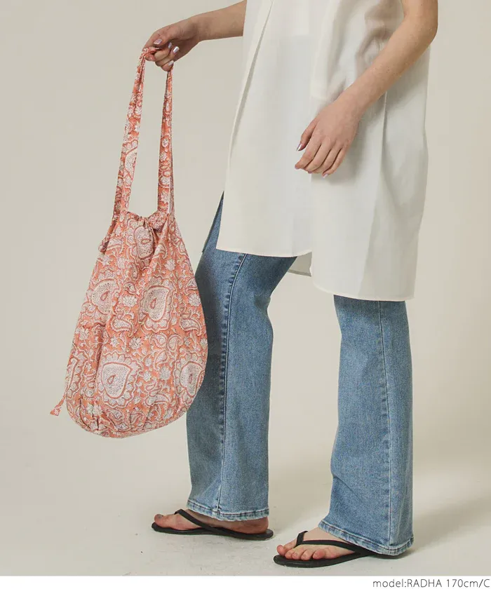 日本 COCA - 100%印度棉木刻版印刷抽繩托特包/購物袋-粉紫