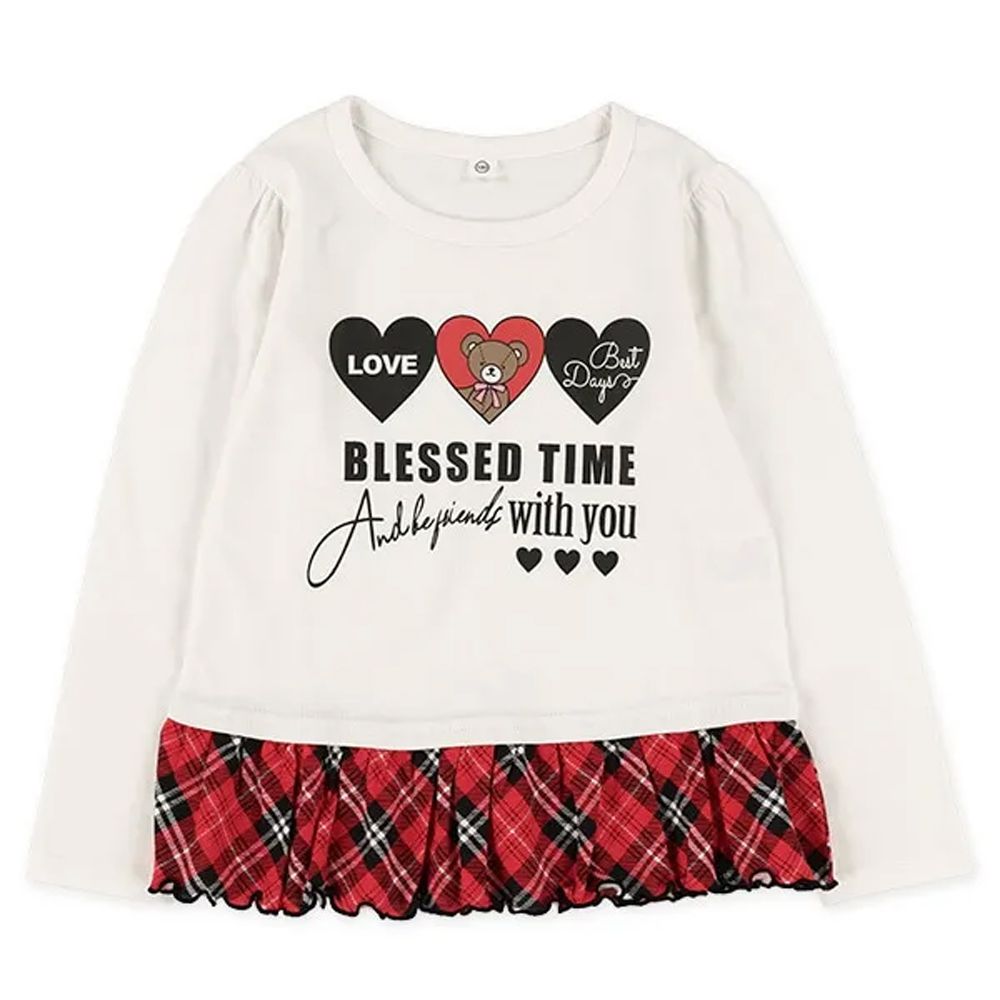 可愛感下擺拼接長袖上衣-愛心熊熊-白