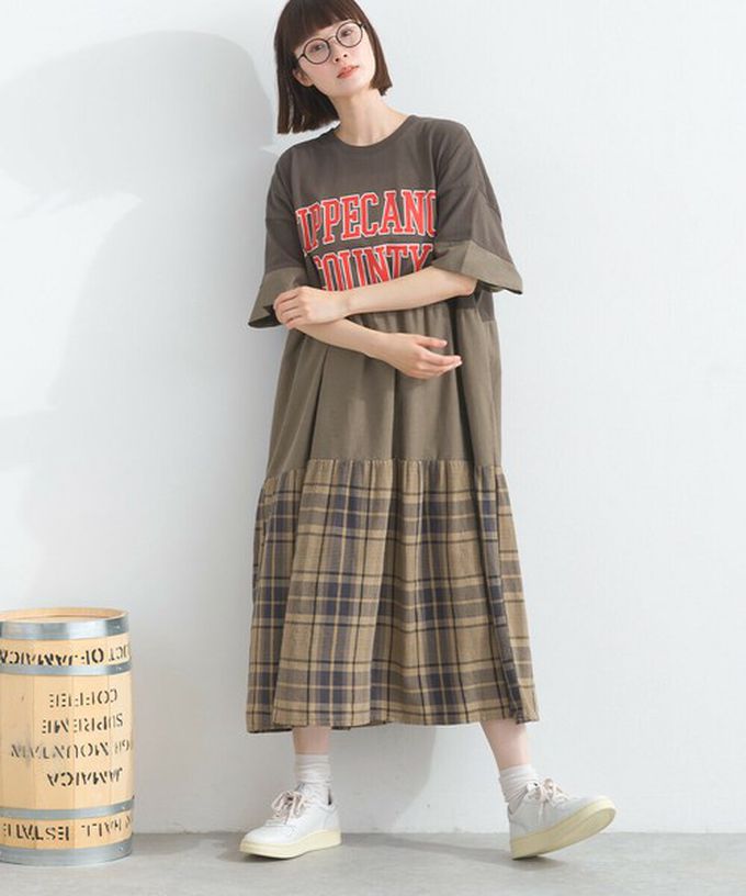 日本 Lupilien - 復古學院風 撞色格子拼接短袖洋裝-藍綠