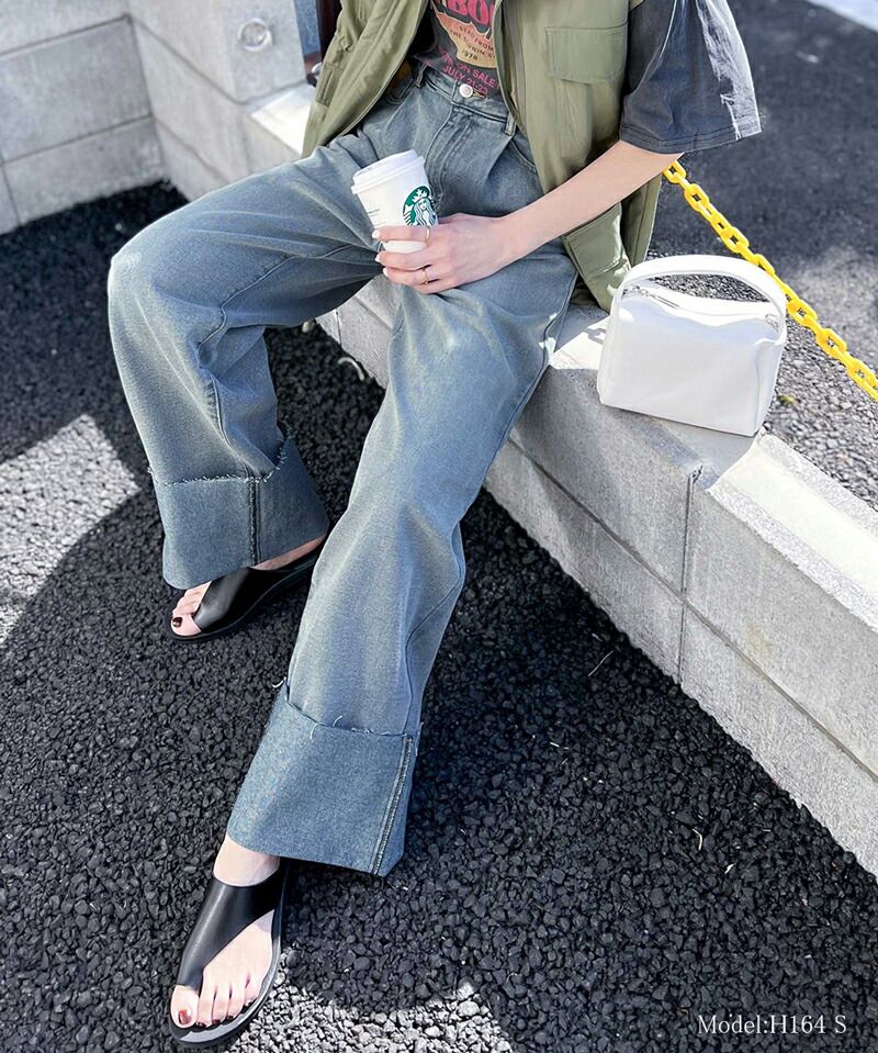 日本 Classical Elf - 美式復古反摺牛仔寬褲-淺水藍