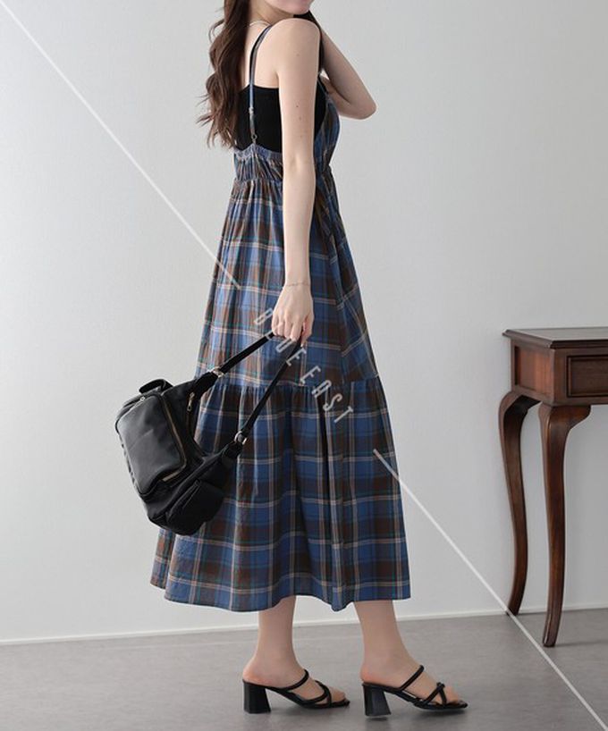 日本 BLUE EAST - 可愛格紋側蝴蝶結細肩帶洋裝-深藍 (M)