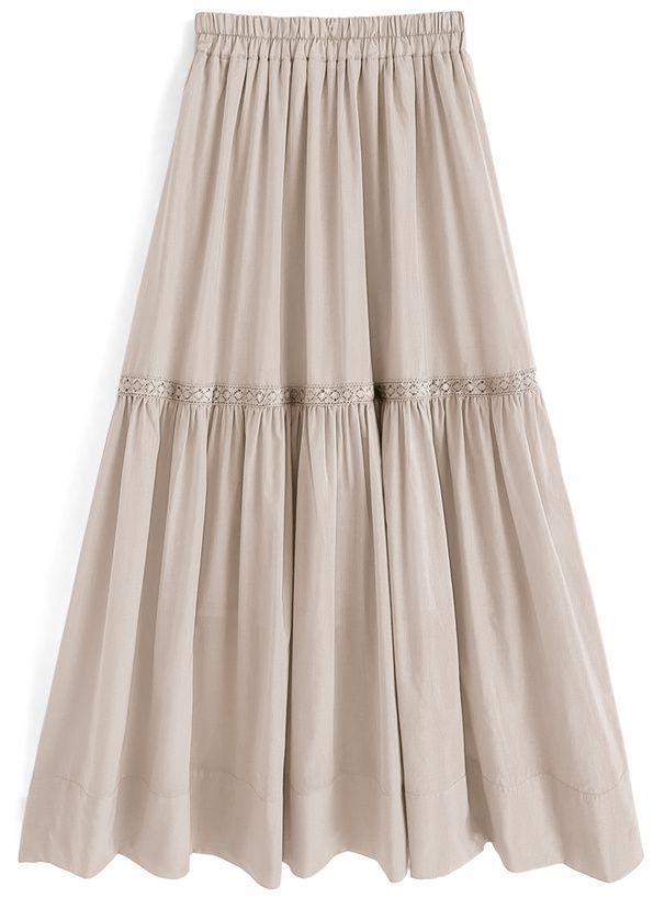 日本 GRL - 純棉花蕾絲滾邊修身長裙-奶茶棕 (M)