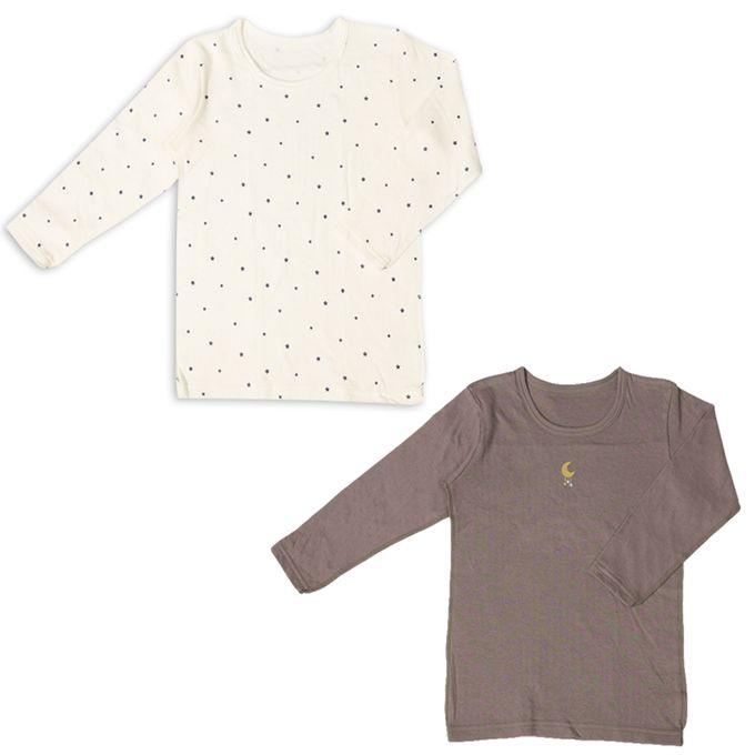 akachan honpo - 長袖圓領上衣2件組-蓬鬆棉 星星&星月-灰色