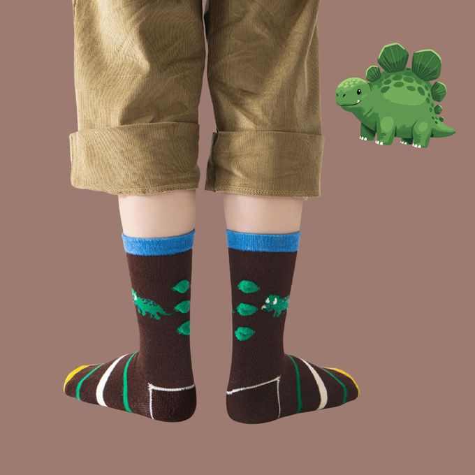 叢林小恐龍防滑點膠中筒棉襪