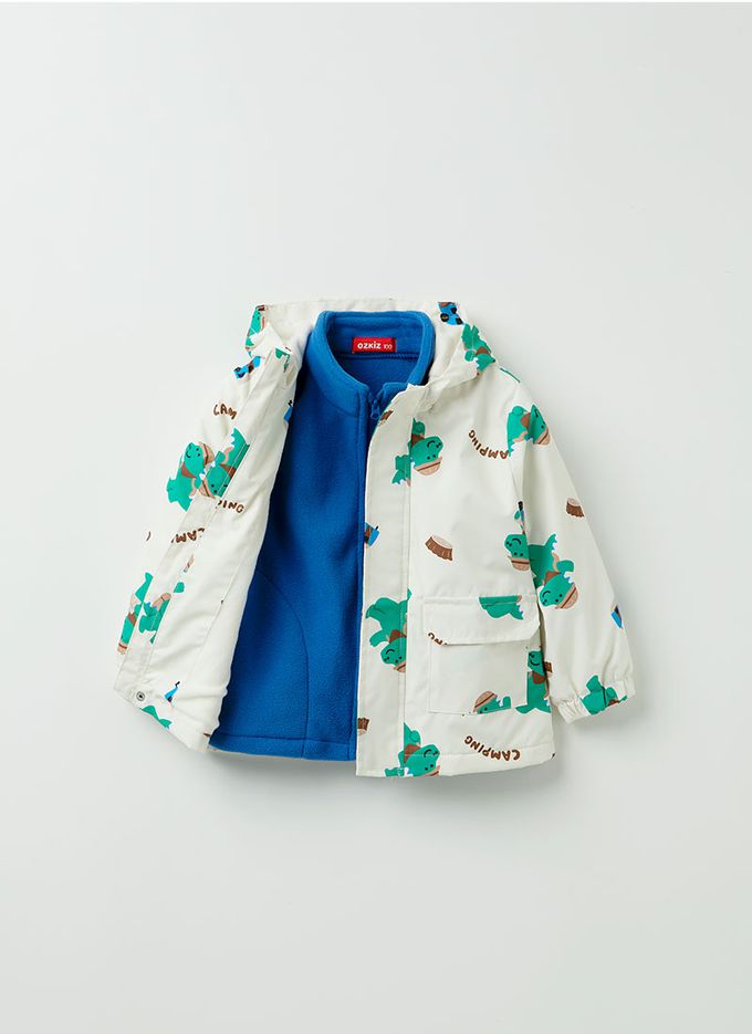 韓國 OZKIZ - (兩件式)防潑水搖粒絨連帽外套-郊遊恐龍-米白X藍