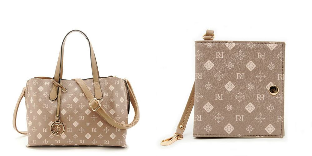 日本 FIRANO - [雜誌揭載]經典花紋仿皮兩用托特包3件組-附圍巾/口罩套-深褐 (21x33x12cm)