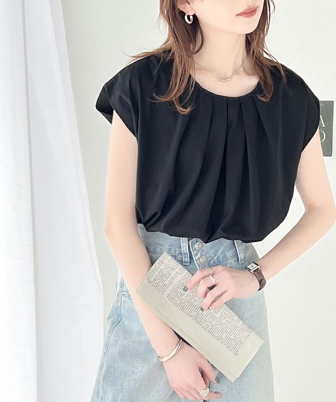 日本 Classical Elf - 接觸涼感 柔美皺摺法式袖上衣-煙燻綠