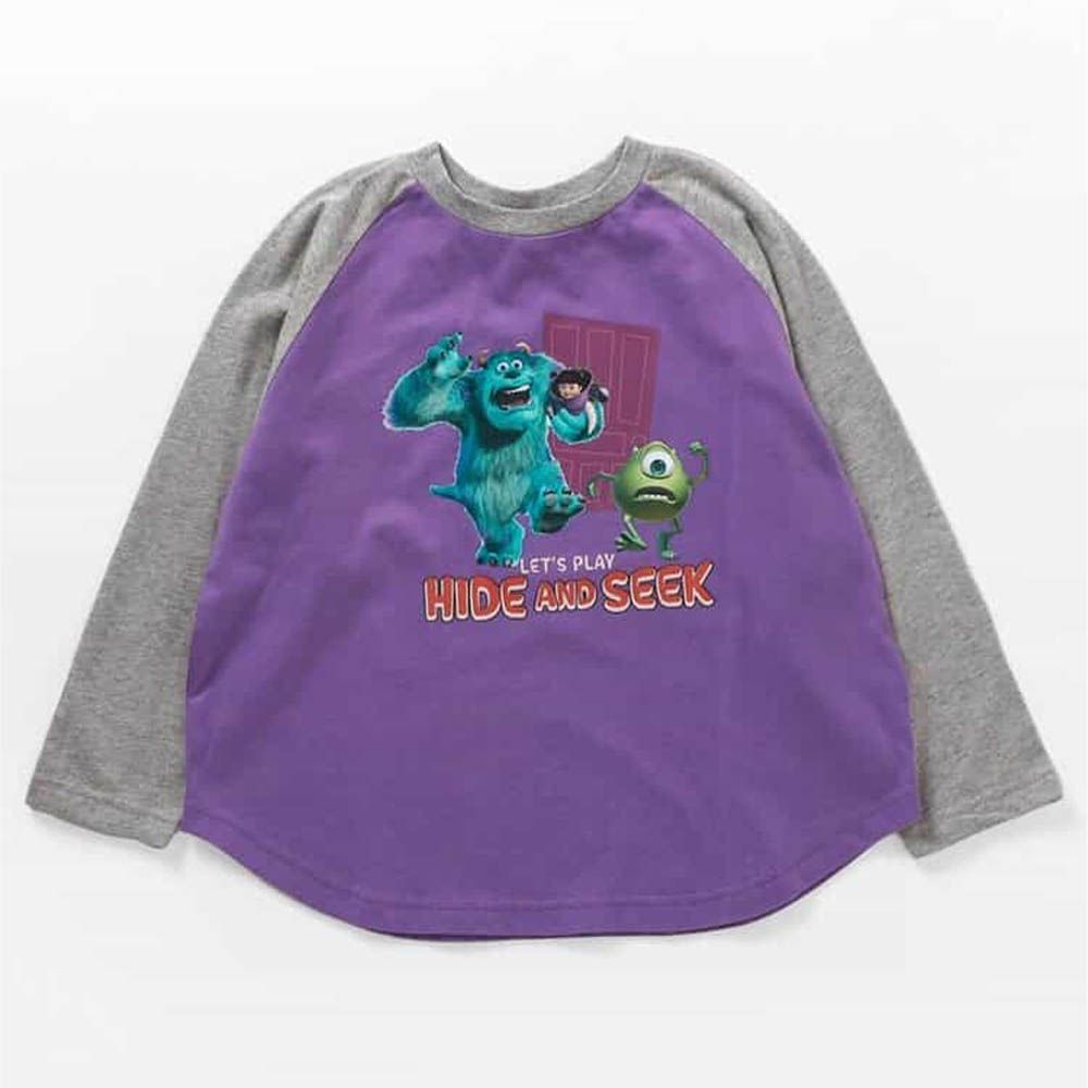 聯名款 100%棉印花長袖上衣-卡通怪獸電力公司-紫X灰
