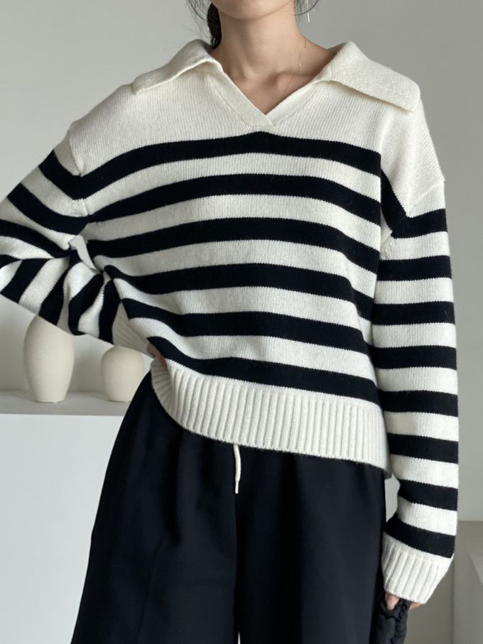 韓國女裝連線 - 精選美麗諾羊毛翻領上衣-米白底X黑條紋 (FREE)