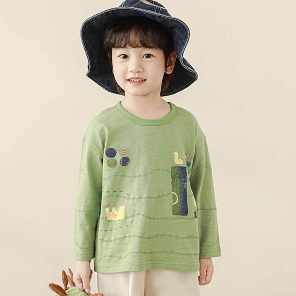 純棉竹節紋圓領落肩長袖上衣-隨性線條印花-青草綠