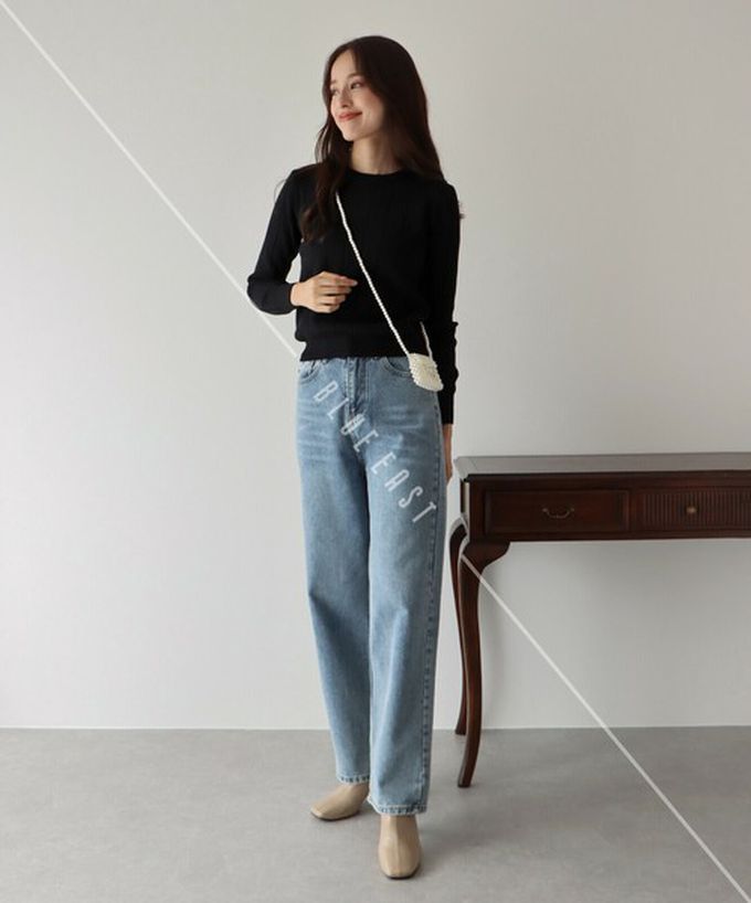 日本 BLUE EAST - 圓領粗坑條長袖針織上衣-淺灰杏